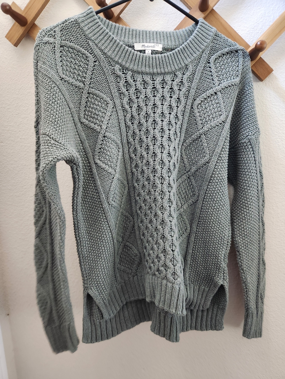 Madewell Sage Green Textured Cable Crewneck Sweater